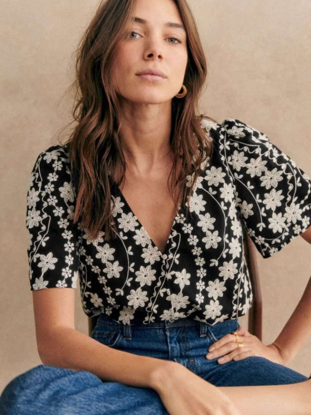 Sezane Emma Blouse in Ecru Embroidery/ Black